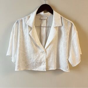 ACOA White Button Front Satin Crop Top Abstract Printed Size Small Collared